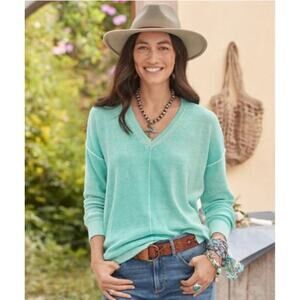 Sundance Cece V-neck Sweater Women's PM Petite Medium Green Cotton Lightweight